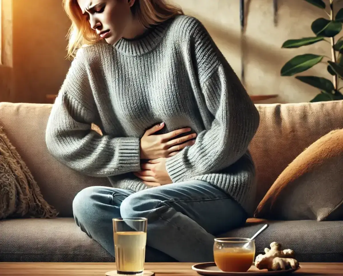 a woman experiencing nausea, sitting in a modern living room on a couch, holding her stomach with a slightly pained expression